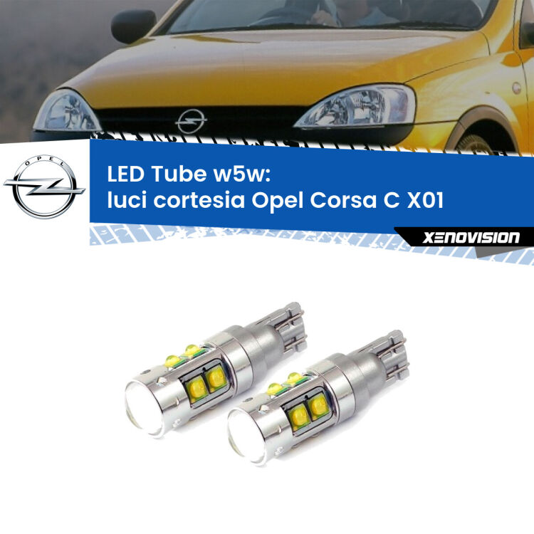 <strong>Luci Cortesia LED 6000k per Opel Corsa C</strong> X01 2000 - 2006. Lampadine <strong>W5W</strong> canbus modello Tube, luce bianco lunare, lunga durata e compatibilità.