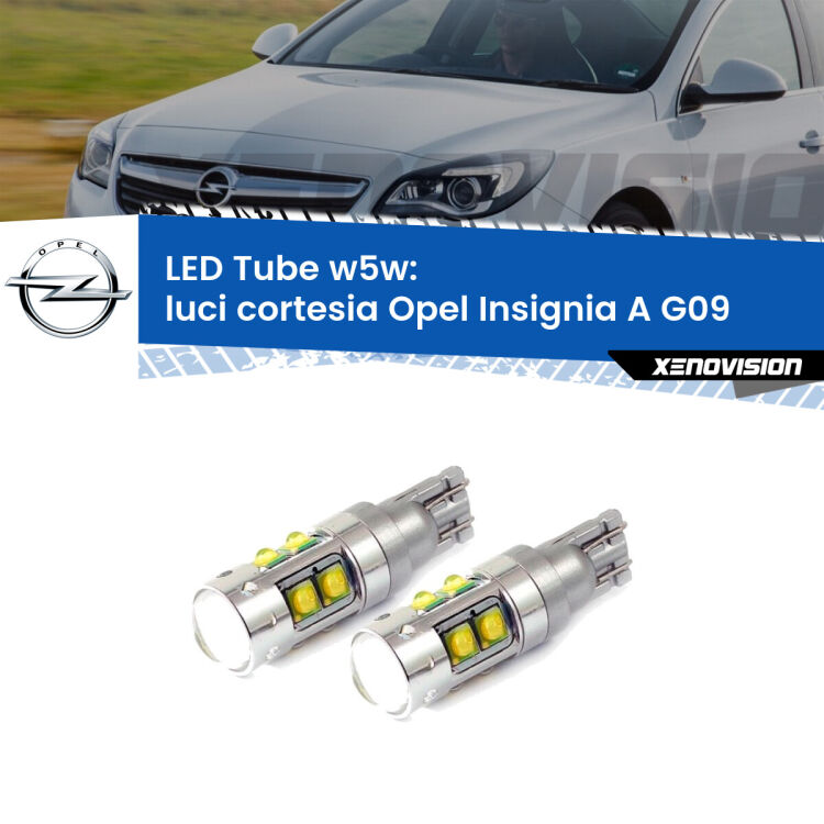 <strong>Luci Cortesia LED 6000k per Opel Insignia A</strong> G09 2008 - 2013. Lampadine <strong>W5W</strong> canbus modello Tube, luce bianco lunare, lunga durata e compatibilità.