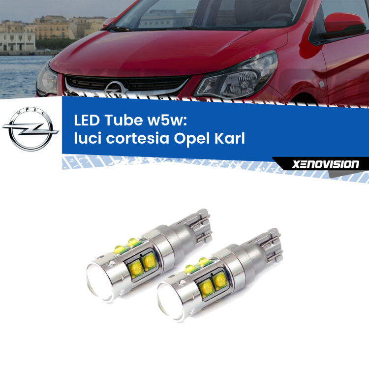 <strong>Luci Cortesia LED 6000k per Opel Karl</strong>  2015 - 2018. Lampadine <strong>W5W</strong> canbus modello Tube, luce bianco lunare, lunga durata e compatibilità.