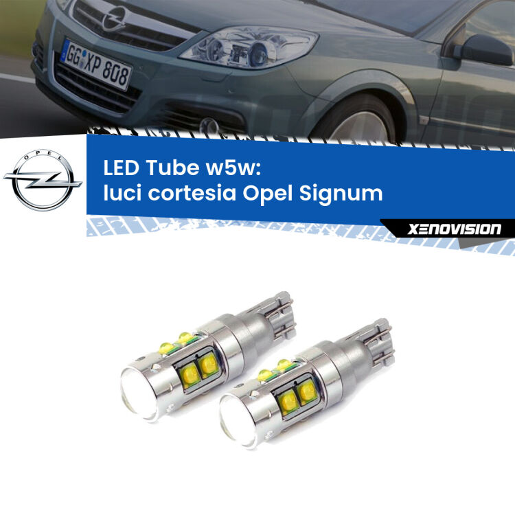 <strong>Luci Cortesia LED 6000k per Opel Signum</strong>  2003 - 2008. Lampadine <strong>W5W</strong> canbus modello Tube, luce bianco lunare, lunga durata e compatibilità.