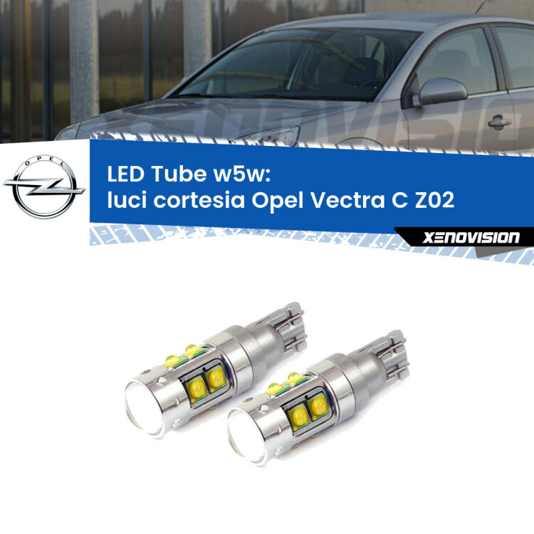 <strong>Luci Cortesia LED 6000k per Opel Vectra C</strong> Z02 2002 - 2010. Lampadine <strong>W5W</strong> canbus modello Tube, luce bianco lunare, lunga durata e compatibilità.