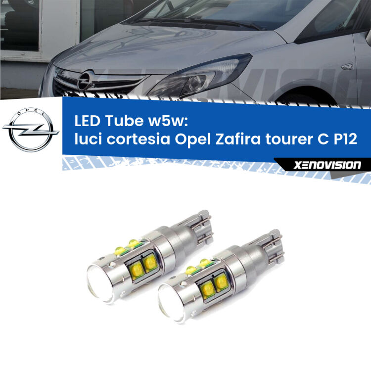 <strong>Luci Cortesia LED 6000k per Opel Zafira tourer C</strong> P12 anteriori. Lampadine <strong>W5W</strong> canbus modello Tube, luce bianco lunare, lunga durata e compatibilità.