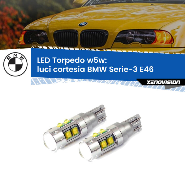 <strong>Luci Cortesia LED 6000k per BMW Serie-3</strong> E46 centrali. Lampadine <strong>W5W</strong> canbus modello Tube, luce bianco lunare, lunga durata e compatibilità.