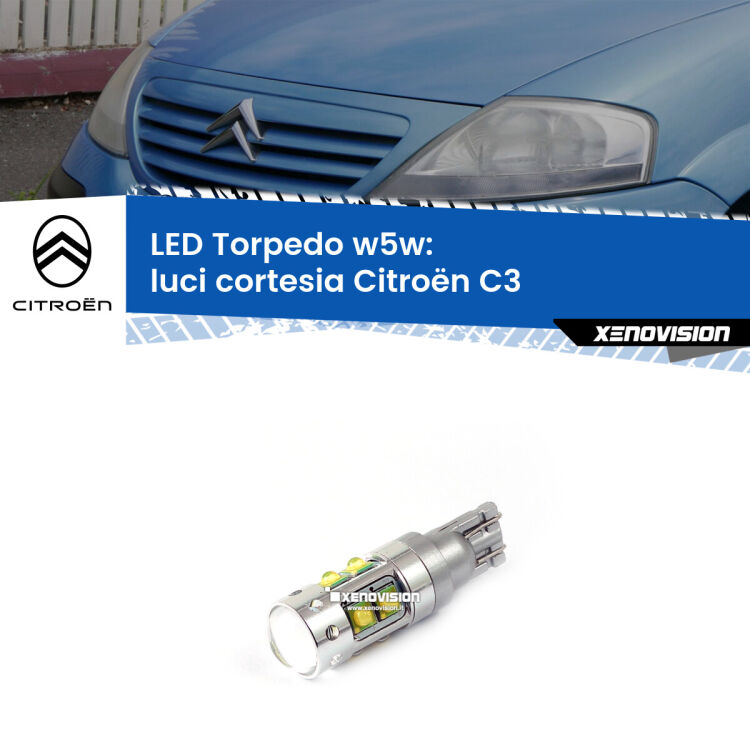 <strong>Luci Cortesia LED 6000k per Citroën C3</strong>  2002 - 2009. Lampadine <strong>W5W</strong> canbus modello Torpedo.