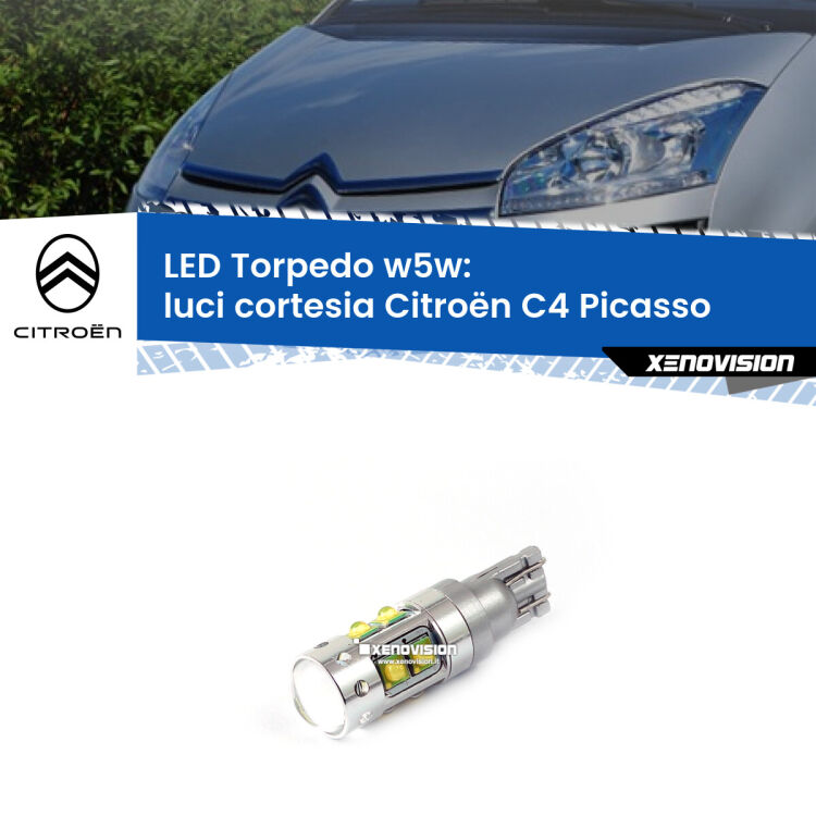 <strong>Luci Cortesia LED 6000k per Citroën C4 Picasso</strong>  2006 - 2013. Lampadine <strong>W5W</strong> canbus modello Torpedo.