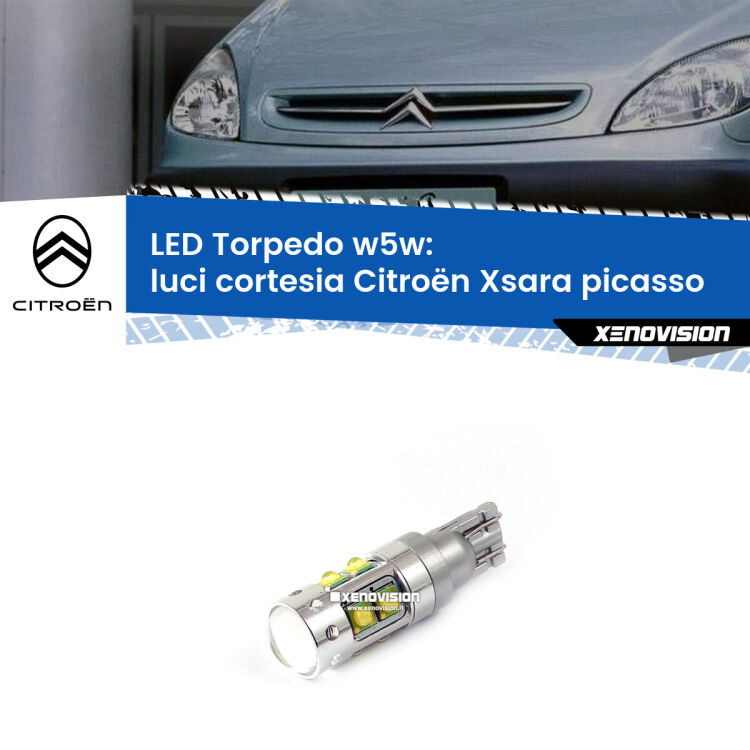 <strong>Luci Cortesia LED 6000k per Citroën Xsara picasso</strong>  1999 - 2012. Lampadine <strong>W5W</strong> canbus modello Torpedo.