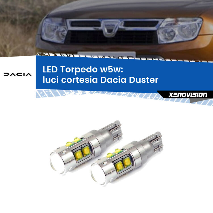 <strong>Luci Cortesia LED 6000k per Dacia Duster</strong>  2010 - 2016. Lampadine <strong>W5W</strong> canbus modello Tube, luce bianco lunare, lunga durata e compatibilità.