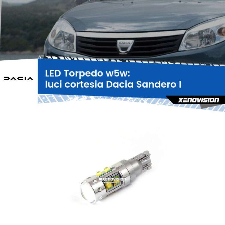 <strong>Luci Cortesia LED 6000k per Dacia Sandero I</strong>  2008 - 2012. Lampadine <strong>W5W</strong> canbus modello Torpedo.