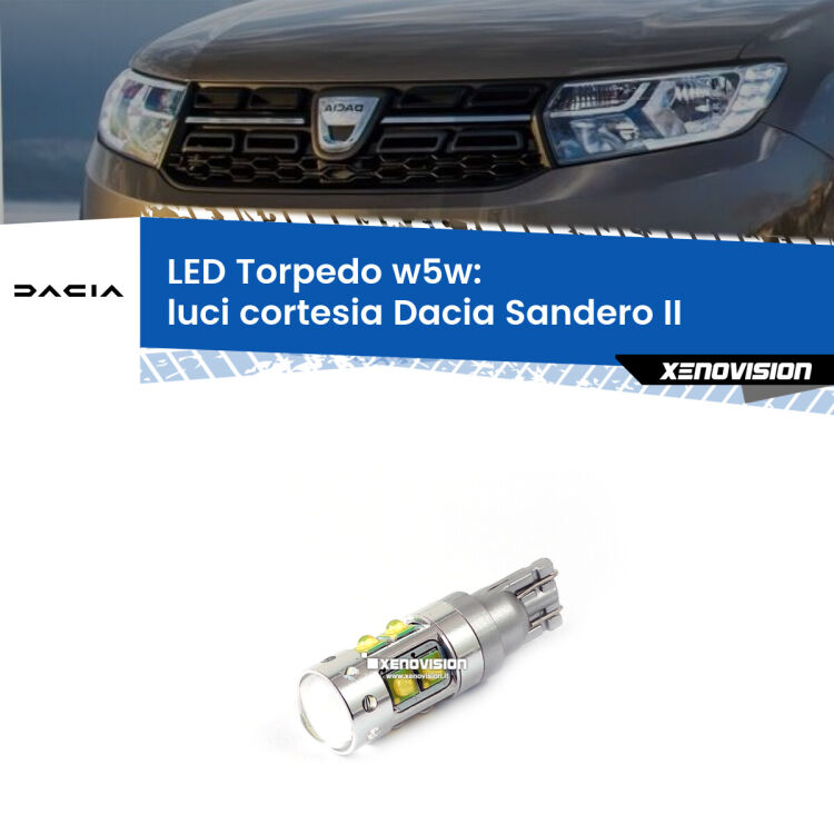 <strong>Luci Cortesia LED 6000k per Dacia Sandero II</strong>  2012 in poi. Lampadine <strong>W5W</strong> canbus modello Torpedo.