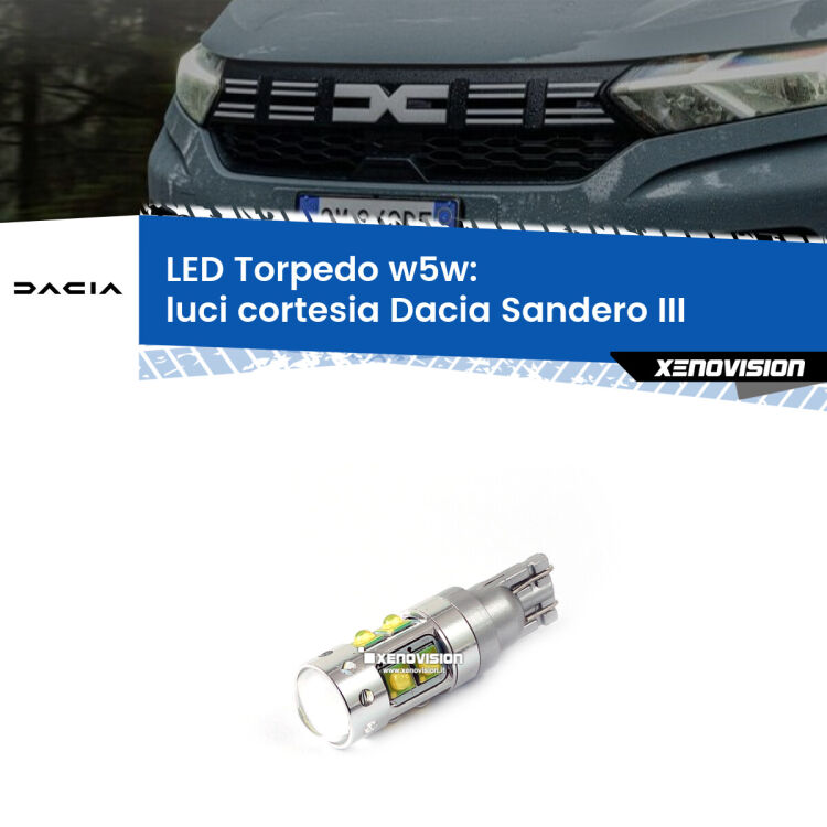 <strong>Luci Cortesia LED 6000k per Dacia Sandero III</strong>  2020 in poi. Lampadine <strong>W5W</strong> canbus modello Torpedo.