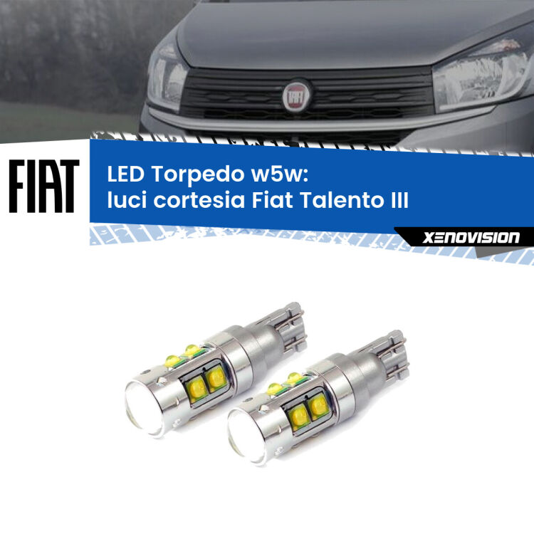 <strong>Luci Cortesia LED 6000k per Fiat Talento</strong> III 2016 - 2020. Lampadine <strong>W5W</strong> canbus modello Tube, luce bianco lunare, lunga durata e compatibilità.