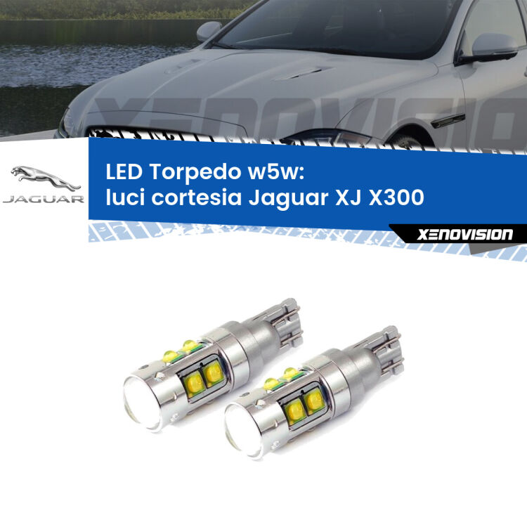 <strong>Luci Cortesia LED 6000k per Jaguar XJ</strong> X300 1994 - 1997. Lampadine <strong>W5W</strong> canbus modello Tube, luce bianco lunare, lunga durata e compatibilità.