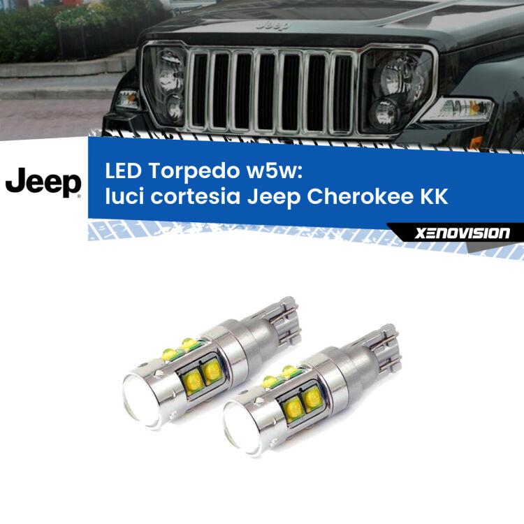 <strong>Luci Cortesia LED 6000k per Jeep Cherokee</strong> KK 2008 - 2013. Lampadine <strong>W5W</strong> canbus modello Tube, luce bianco lunare, lunga durata e compatibilità.