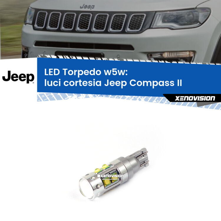 <strong>Luci Cortesia LED 6000k per Jeep Compass</strong> II 2017 in poi. Lampadine <strong>W5W</strong> canbus modello Torpedo.