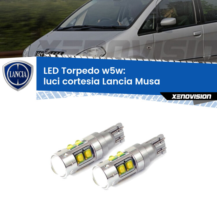 <strong>Luci Cortesia LED 6000k per Lancia Musa</strong>  2004 - 2012. Lampadine <strong>W5W</strong> canbus modello Tube, luce bianco lunare, lunga durata e compatibilità.