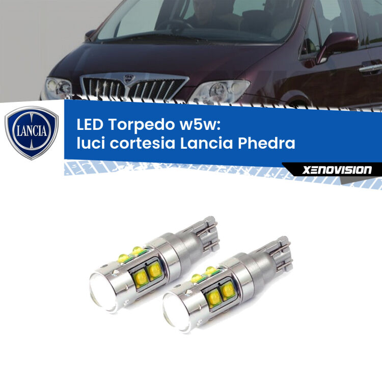 <strong>Luci Cortesia LED 6000k per Lancia Phedra</strong>  2002 - 2010. Lampadine <strong>W5W</strong> canbus modello Tube, luce bianco lunare, lunga durata e compatibilità.