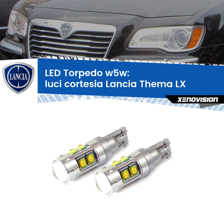 <strong>Luci Cortesia LED 6000k per Lancia Thema</strong> LX 2011 - 2014. Lampadine <strong>W5W</strong> canbus modello Tube, luce bianco lunare, lunga durata e compatibilità.