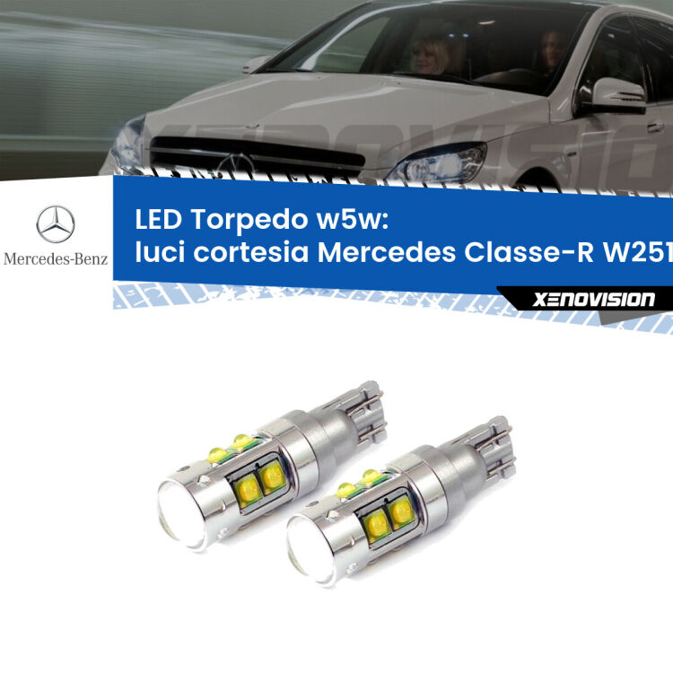 <strong>Luci Cortesia LED 6000k per Mercedes Classe-R</strong> W251, V251 2006 - 2014. Lampadine <strong>W5W</strong> canbus modello Tube, luce bianco lunare, lunga durata e compatibilità.