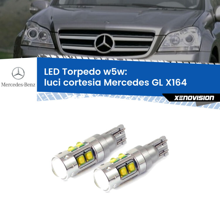 <strong>Luci Cortesia LED 6000k per Mercedes GL</strong> X164 2006 - 2012. Lampadine <strong>W5W</strong> canbus modello Tube, luce bianco lunare, lunga durata e compatibilità.