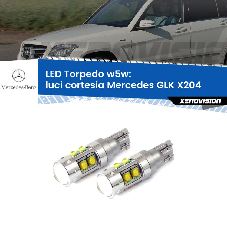 <strong>Luci Cortesia LED 6000k per Mercedes GLK</strong> X204 anteriori. Lampadine <strong>W5W</strong> canbus modello Tube, luce bianco lunare, lunga durata e compatibilità.