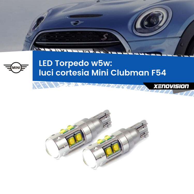 <strong>Luci Cortesia LED 6000k per Mini Clubman</strong> F54 2014 - 2019. Lampadine <strong>W5W</strong> canbus modello Tube, luce bianco lunare, lunga durata e compatibilità.