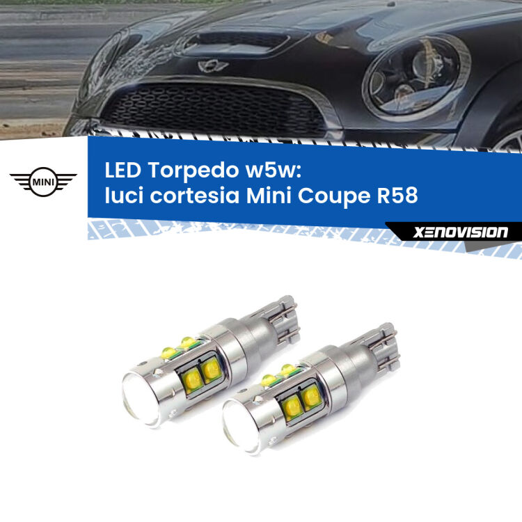 <strong>Luci Cortesia LED 6000k per Mini Coupe</strong> R58 2011 - 2015. Lampadine <strong>W5W</strong> canbus modello Tube, luce bianco lunare, lunga durata e compatibilità.