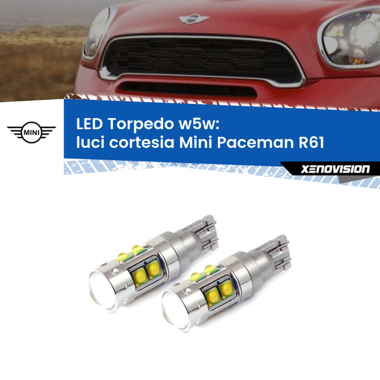 <strong>Luci Cortesia LED 6000k per Mini Paceman</strong> R61 2012 - 2016. Lampadine <strong>W5W</strong> canbus modello Tube, luce bianco lunare, lunga durata e compatibilità.