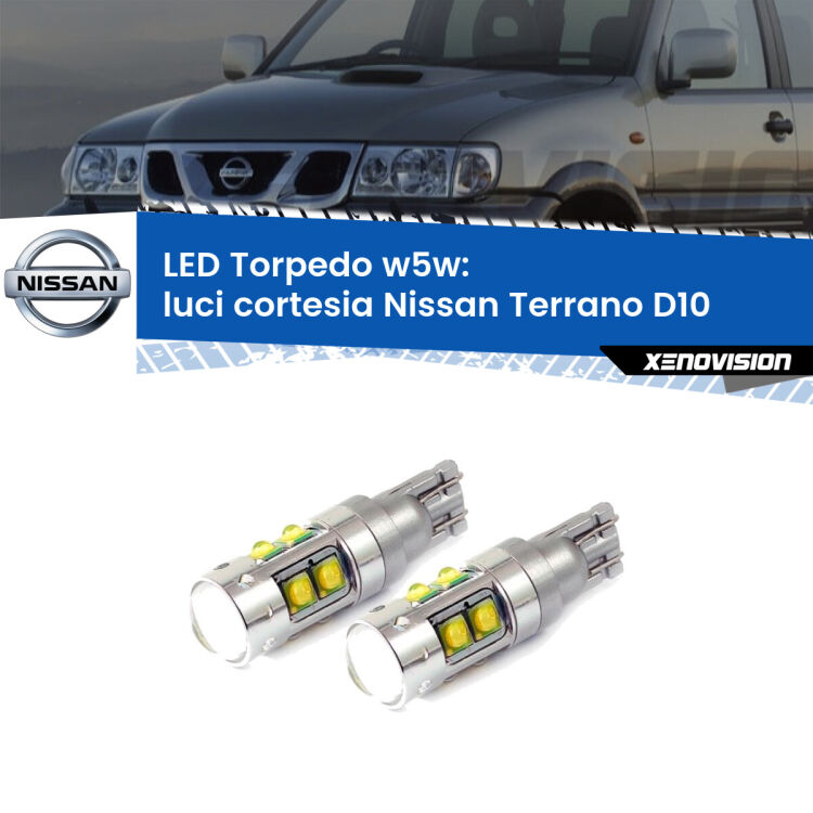 <strong>Luci Cortesia LED 6000k per Nissan Terrano</strong> D10 2013 in poi. Lampadine <strong>W5W</strong> canbus modello Tube, luce bianco lunare, lunga durata e compatibilità.