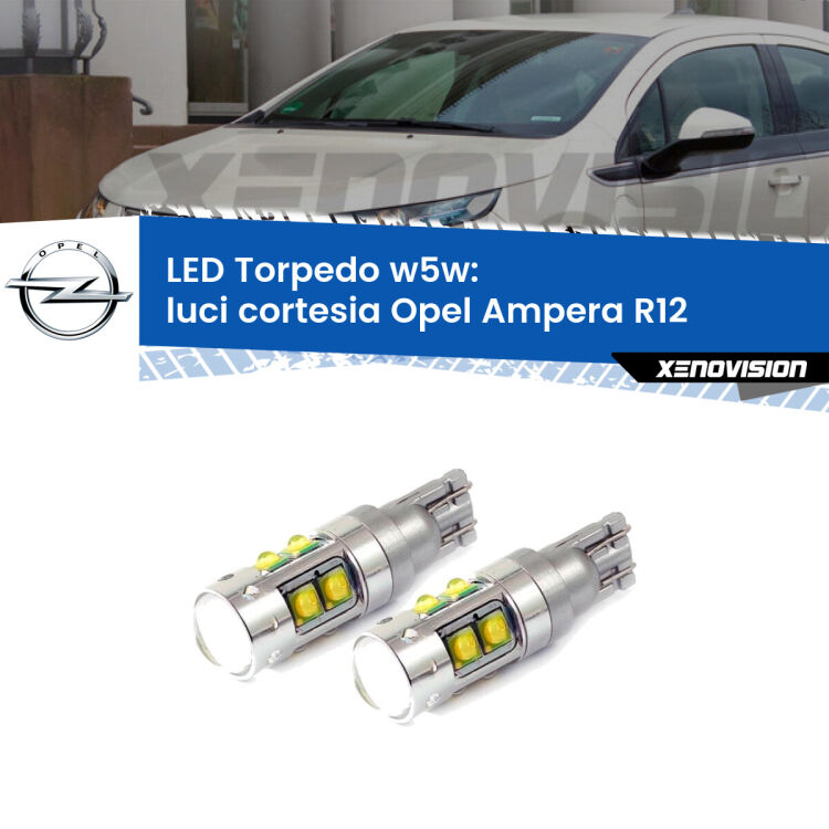 <strong>Luci Cortesia LED 6000k per Opel Ampera</strong> R12 2011 - 2015. Lampadine <strong>W5W</strong> canbus modello Tube, luce bianco lunare, lunga durata e compatibilità.