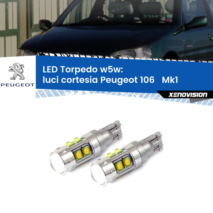 <strong>Luci Cortesia LED 6000k per Peugeot 106  </strong> Mk1 1991 - 1996. Lampadine <strong>W5W</strong> canbus modello Tube, luce bianco lunare, lunga durata e compatibilità.