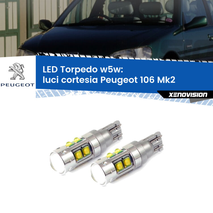 <strong>Luci Cortesia LED 6000k per Peugeot 106</strong> Mk2 1996 - 2004. Lampadine <strong>W5W</strong> canbus modello Tube, luce bianco lunare, lunga durata e compatibilità.