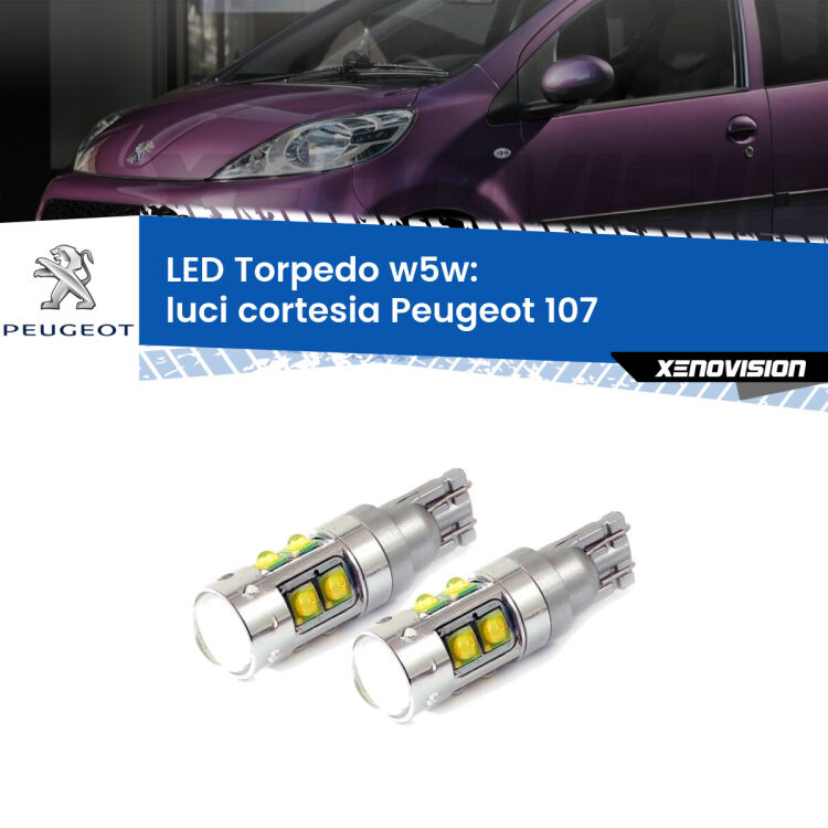 <strong>Luci Cortesia LED 6000k per Peugeot 107</strong>  2005 - 2014. Lampadine <strong>W5W</strong> canbus modello Tube, luce bianco lunare, lunga durata e compatibilità.