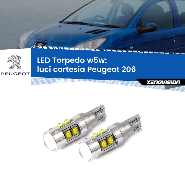 <strong>Luci Cortesia LED 6000k per Peugeot 206</strong>  1998 - 2009. Lampadine <strong>W5W</strong> canbus modello Tube, luce bianco lunare, lunga durata e compatibilità.