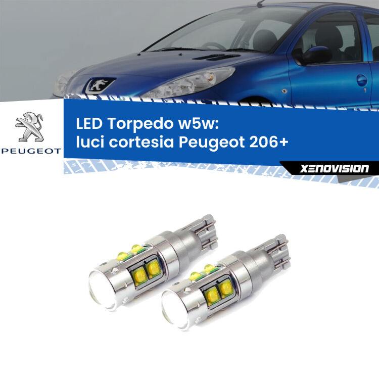 <strong>Luci Cortesia LED 6000k per Peugeot 206+</strong>  2009 - 2013. Lampadine <strong>W5W</strong> canbus modello Tube, luce bianco lunare, lunga durata e compatibilità.