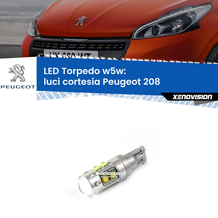 <strong>Luci Cortesia LED 6000k per Peugeot 208</strong>  2012 - 2018. Lampadine <strong>W5W</strong> canbus modello Torpedo.