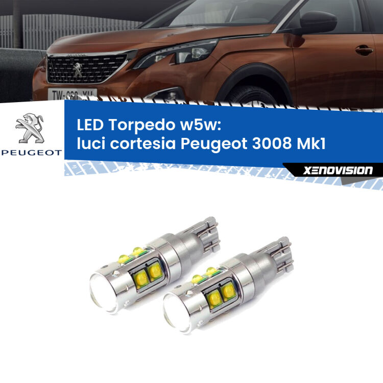 <strong>Luci Cortesia LED 6000k per Peugeot 3008</strong> Mk1 2008 - 2015. Lampadine <strong>W5W</strong> canbus modello Tube, luce bianco lunare, lunga durata e compatibilità.