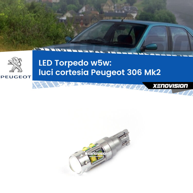 <strong>Luci Cortesia LED 6000k per Peugeot 306</strong> Mk2 1997 - 1999. Lampadine <strong>W5W</strong> canbus modello Torpedo.