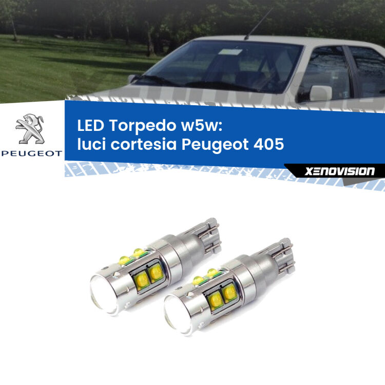 <strong>Luci Cortesia LED 6000k per Peugeot 405</strong>  1987 - 1997. Lampadine <strong>W5W</strong> canbus modello Tube, luce bianco lunare, lunga durata e compatibilità.