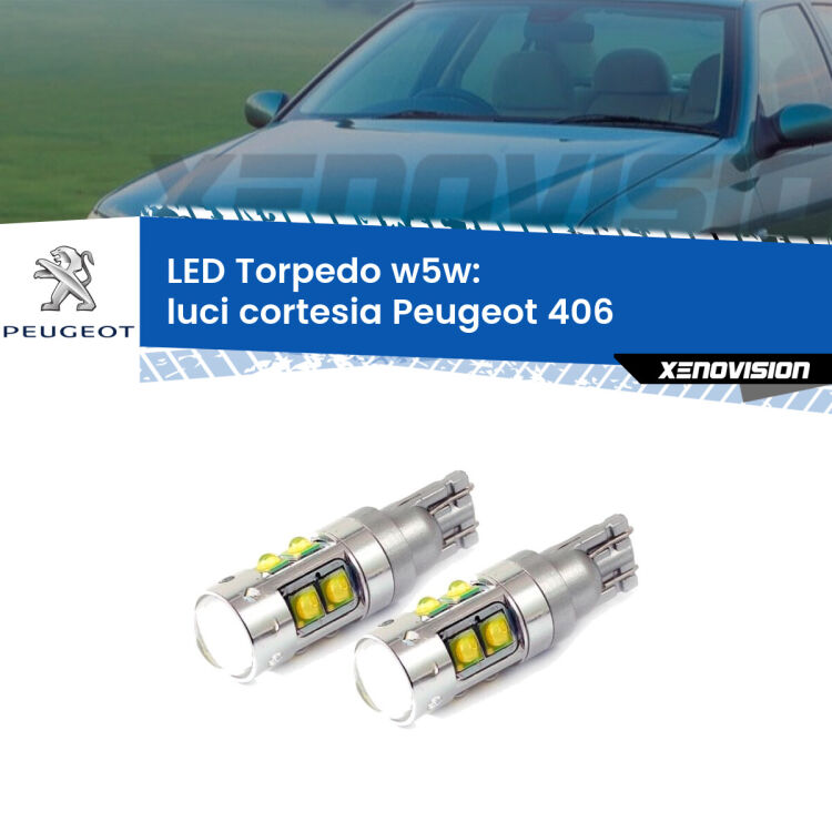 <strong>Luci Cortesia LED 6000k per Peugeot 406</strong>  1995 - 2004. Lampadine <strong>W5W</strong> canbus modello Tube, luce bianco lunare, lunga durata e compatibilità.