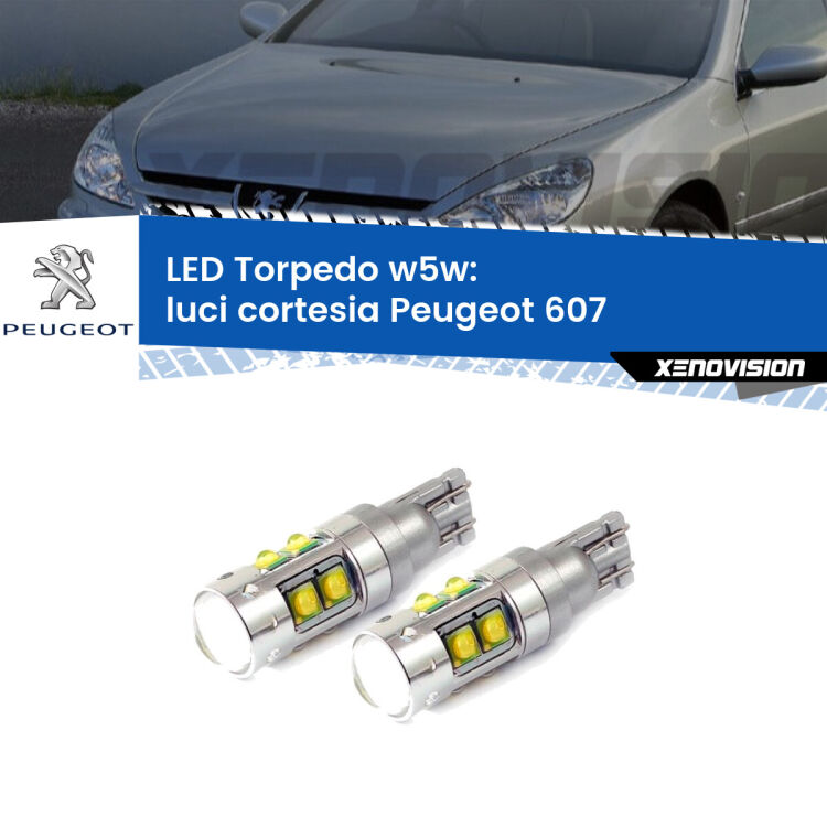 <strong>Luci Cortesia LED 6000k per Peugeot 607</strong>  2000 - 2010. Lampadine <strong>W5W</strong> canbus modello Tube, luce bianco lunare, lunga durata e compatibilità.