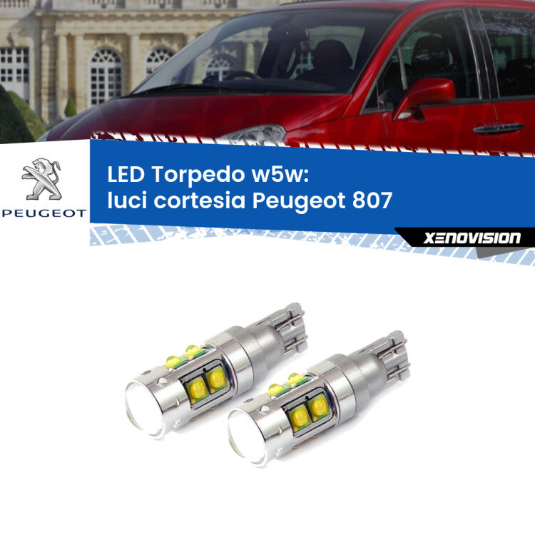 <strong>Luci Cortesia LED 6000k per Peugeot 807</strong>  2002 - 2010. Lampadine <strong>W5W</strong> canbus modello Tube, luce bianco lunare, lunga durata e compatibilità.