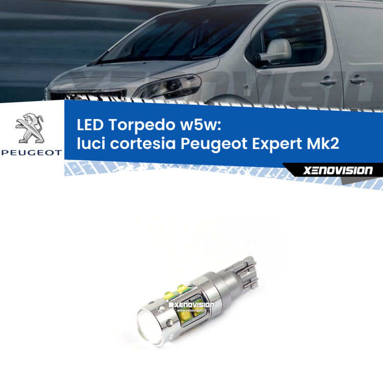 <strong>Luci Cortesia LED 6000k per Peugeot Expert</strong> Mk2 2007 - 2015. Lampadine <strong>W5W</strong> canbus modello Tube, luce bianco lunare, lunga durata e compatibilità.