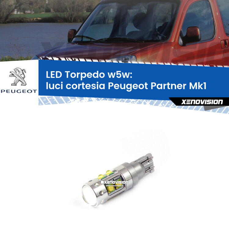 <strong>Luci Cortesia LED 6000k per Peugeot Partner</strong> Mk1 1996 - 2007. Lampadine <strong>W5W</strong> canbus modello Tube, luce bianco lunare, lunga durata e compatibilità.