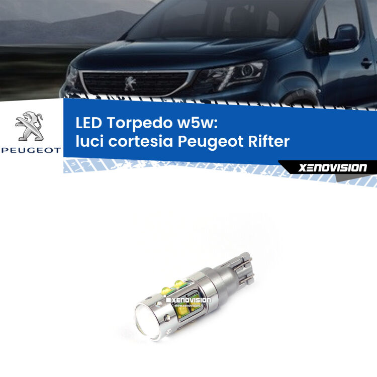 <strong>Luci Cortesia LED 6000k per Peugeot Rifter</strong>  2018 in poi. Lampadine <strong>W5W</strong> canbus modello Tube, luce bianco lunare, lunga durata e compatibilità.