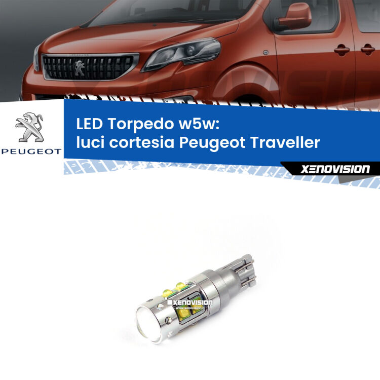 <strong>Luci Cortesia LED 6000k per Peugeot Traveller</strong>  2016 in poi. Lampadine <strong>W5W</strong> canbus modello Tube, luce bianco lunare, lunga durata e compatibilità.