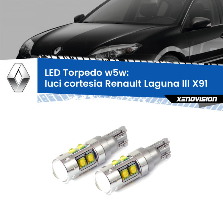 <strong>Luci Cortesia LED 6000k per Renault Laguna III</strong> X91 2007 - 2015. Lampadine <strong>W5W</strong> canbus modello Tube, luce bianco lunare, lunga durata e compatibilità.