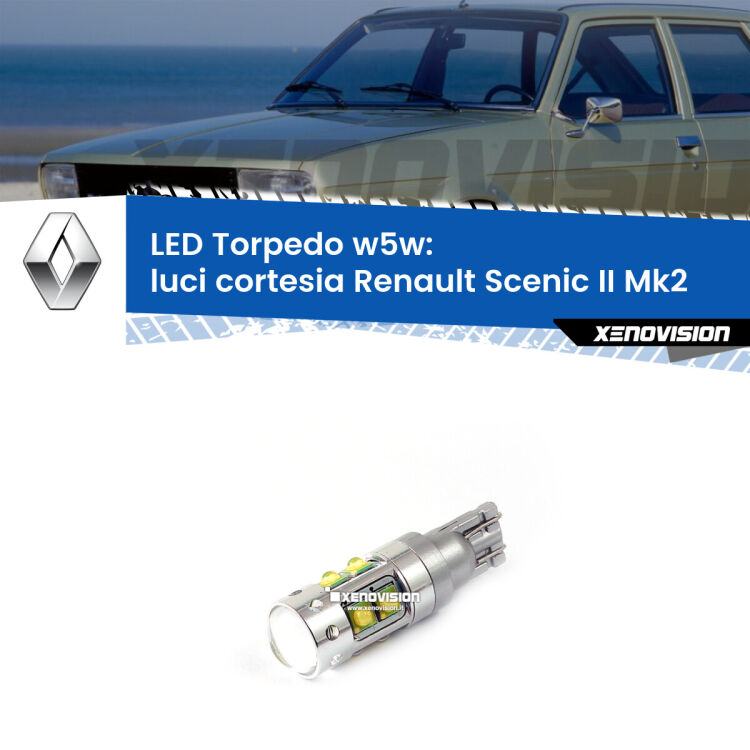 <strong>Luci Cortesia LED 6000k per Renault Scenic II</strong> Mk2 2003 - 2008. Lampadine <strong>W5W</strong> canbus modello Tube, luce bianco lunare, lunga durata e compatibilità.