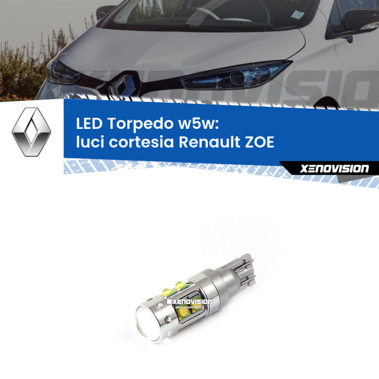 <strong>Luci Cortesia LED 6000k per Renault ZOE</strong>  2012 in poi. Lampadine <strong>W5W</strong> canbus modello Tube, luce bianco lunare, lunga durata e compatibilità.