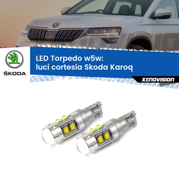 <strong>Luci Cortesia LED 6000k per Skoda Karoq</strong>  anteriori. Lampadine <strong>W5W</strong> canbus modello Tube, luce bianco lunare, lunga durata e compatibilità.