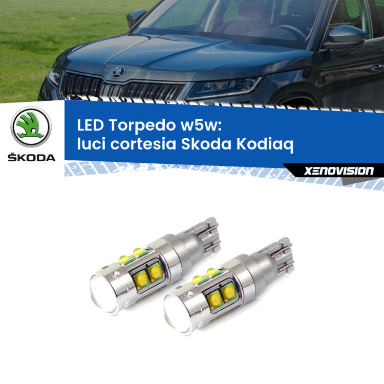 <strong>Luci Cortesia LED 6000k per Skoda Kodiaq</strong>  2016 in poi. Lampadine <strong>W5W</strong> canbus modello Tube, luce bianco lunare, lunga durata e compatibilità.